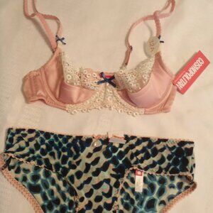 COSMOPOLITAN 32A Quartz Pink Underwire Bra Small Snake Print Hipster Panty NWT